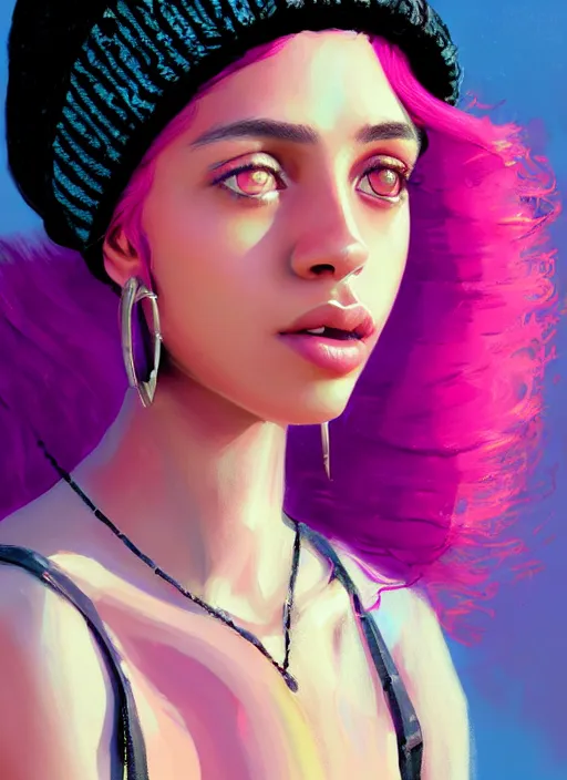 Image similar to portrait of teenage vanessa morgan with bright pink hair, black girl, curly pixie cut hair, wearing a purple breton cap, breton cap, hoop earrings, intricate, elegant, glowing lights, highly detailed, digital painting, artstation, concept art, smooth, sharp focus, illustration, art by wlop, mars ravelo and greg rutkowski