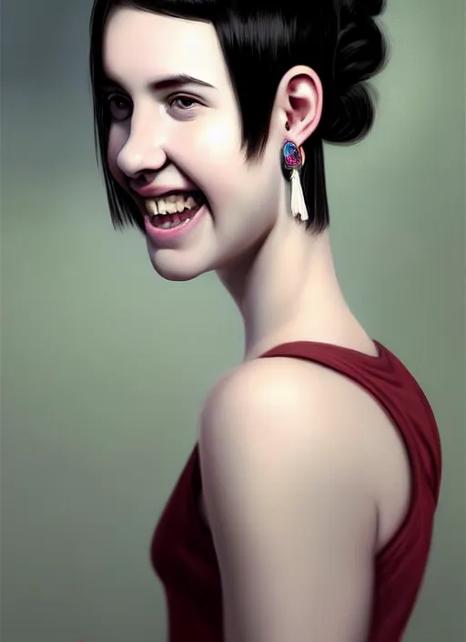 Prompt: portrait of white teenage girl, narrow face, short black hair, bangs, half updo hairstyle, buck teeth, smile, unattractive, defined jawline, long chin, wearing hair bow, earrings, intricate, elegant, glowing lights, highly detailed, digital painting, artstation, sharp focus, illustration, art by wlop, mars ravelo and greg rutkowski