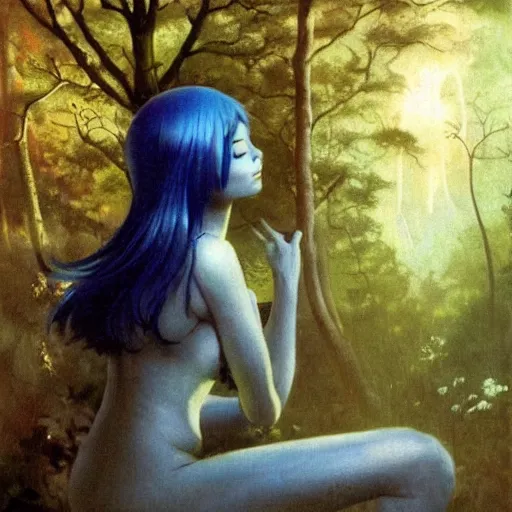 Prompt: beautiful young Asian elf woman with blue hair in a hazy forest at dusk, by Frank Frazetta