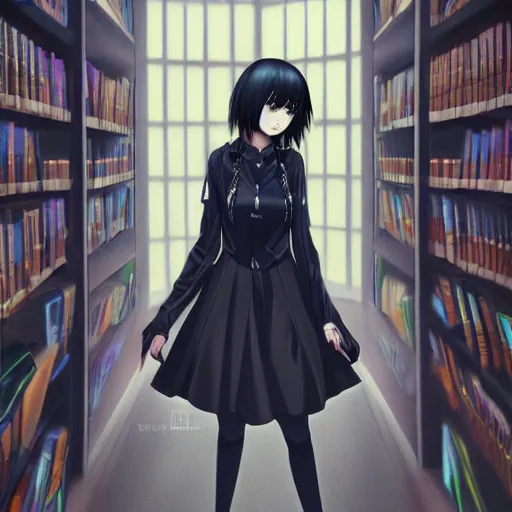 Prompt: 1 7 - year - old anime goth girl, black hair, long bob cut, long bangs, gothic coat, gloomy library, deep blue lighting, old library, sense of space, strong lighting, strong shadows, vivid hues, ultra - realistic, sharp details, subsurface scattering, intricate details, hd anime, 2 0 1 9 anime