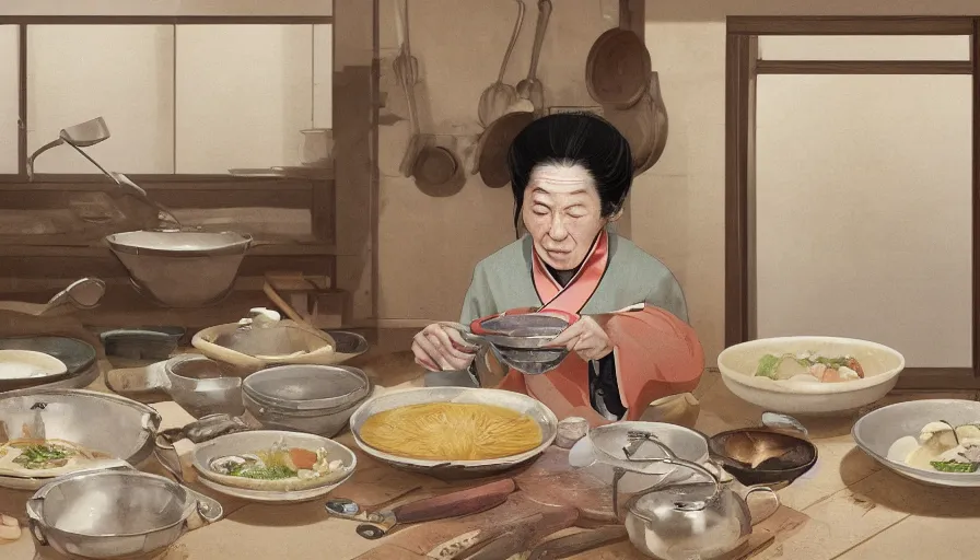 Prompt: old japanese lady cooking, old 1 9 0 0's kitchen, pan and plates, hyperdetailed, artstation, cgsociety, 8 k