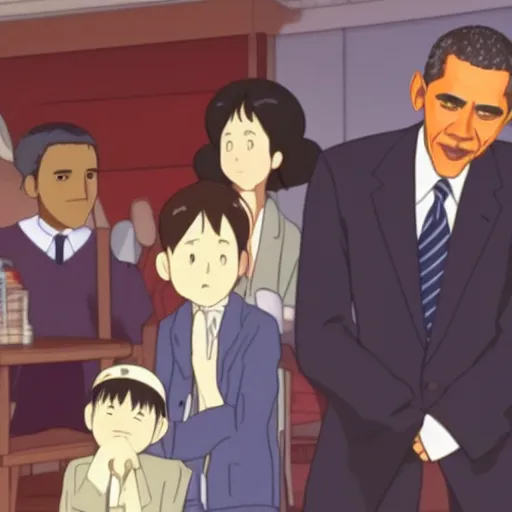 Image similar to Film still of Barack Obama, from Spirited Away (Studio Ghibli anime from 2001)