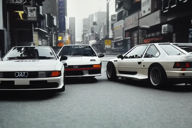 Image similar to single racecar 1 9 9 8 audi quattro, bmw m 1, movie still, vintage footage on tokyo streets, volumetric lighting, f 8 aperture, cinematic eastman 5 3 8 4 film