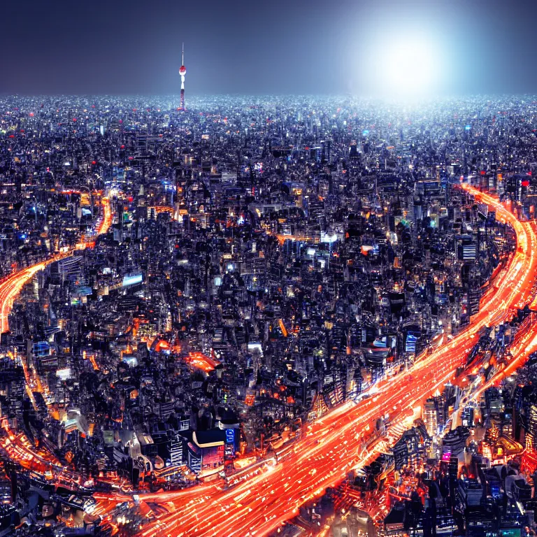 Image similar to beautiful and highly detailed 3 d render of tokyo with many lights and lens flares, snowy winter christmas night