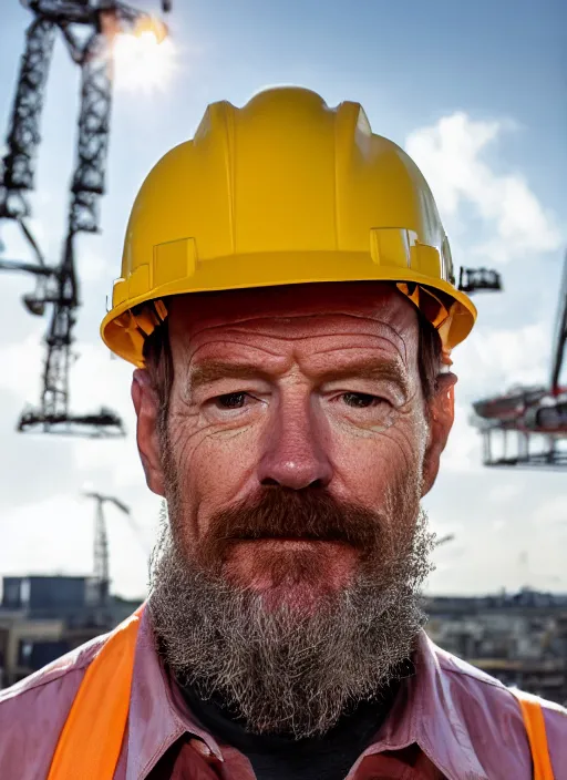 Image similar to closeup portrait of mecha bryan cranston with construction crane frame arms, yellow hardhat, natural light, bloom, detailed face, magazine, press, photo, steve mccurry, david lazar, canon, nikon, focus