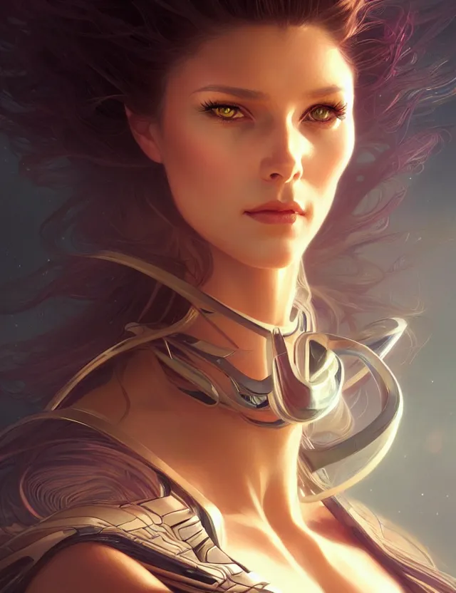 Image similar to futuristic woman portrait, sci-fi, amber eyes, face, long hair, fantasy, intricate, elegant, highly detailed, digital painting, artstation, concept art, smooth, sharp focus, illustration, art by artgerm and greg rutkowski and alphonse mucha