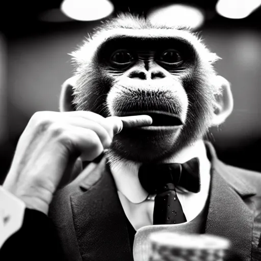 Prompt: monkey in a suit smoking a cigar and playing poker in a casino, 5 0 mm, black and white photo, trending on artstation