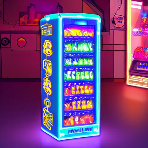 Image similar to friendly robot vending machine with pastel led lights made of cheap materials selling cheap junk food in a city comprised of light matter, set in the distant future, plants, light prisms, rainbow diffraction, steampunk, cyberpunk, robots, warm lights, anime, vhs distortion, art style mimics starlight brigade by game grumps