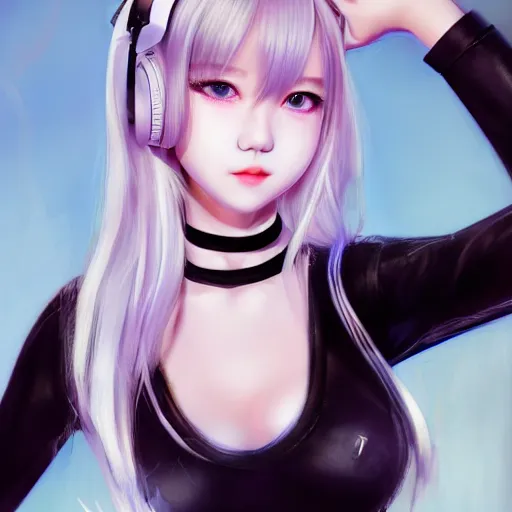 Image similar to realistic teasing detailed semirealism beautiful gorgeous cute Blackpink Lalisa Manoban white hair white cat ears blue eyes, wearing black camisole outfit, headphones, black leather choker full HD 4K high resolution quality WLOP, Aztodio, Taejune Kim, Guweiz, Pixiv, Instagram, Artstation