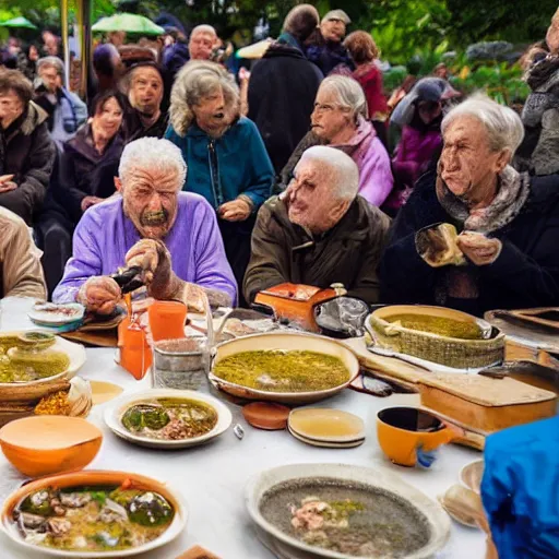 Image similar to a large crowd watching an elderly man eat soup, bold natural colors, national geographic photography, masterpiece, 8 k, raw, unedited, symmetrical balance