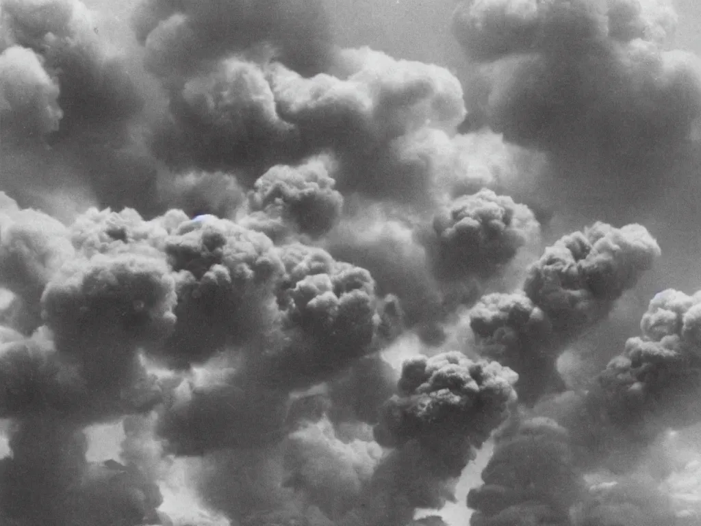 Prompt: finger tips exploding mushroom clouds, wartime photography