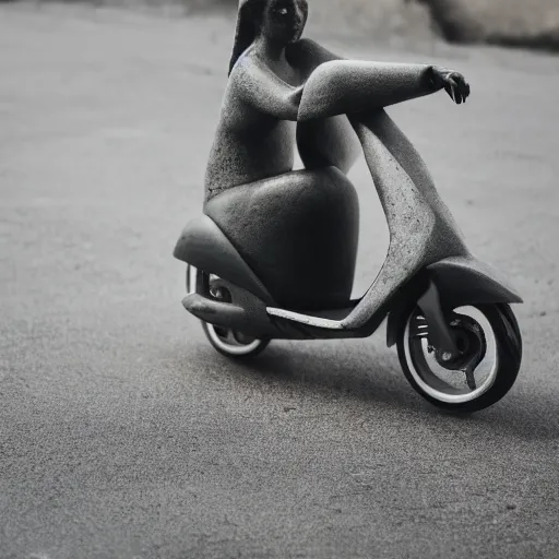Prompt: a female made out of stone rides a scooter, 5 0 mm lens, f 1. 4, sharp focus, ethereal, emotionally evoking, head in focus, volumetric lighting, 8 k