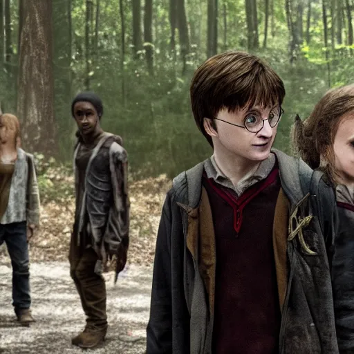 Image similar to Harry Potter in the walking dead 4K quality super realistic