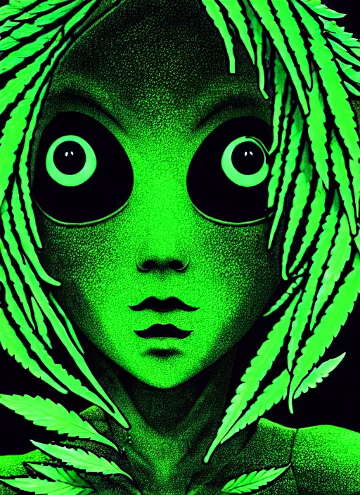 Prompt: highly detailed portrait of a hopeful pretty Cannabis leaf cartoon character with a beautiful face, by Junji Ito, 4k resolution, nier:automata inspired, bravely default inspired, vibrant but dreary but upflifting green, black and white color scheme!!! ((Space nebula background))