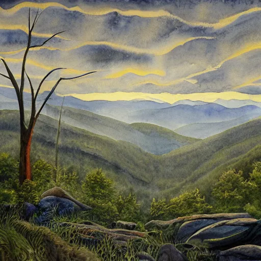 Prompt: a beautiful watercolor painting of an epic appalachian wilderness at dawn by georgia o'keeffe, wide angle shot, godrays, mystical, deep shadows, epic scale