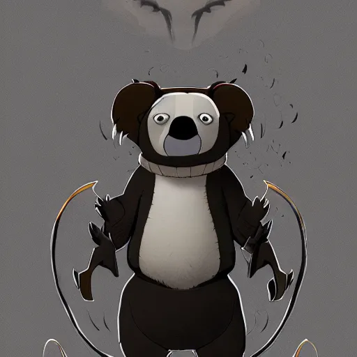 Prompt: an elegant demon koala dressed in a smart black shinobi outfit in the style of we bare bears, digital art by łukasz piskorz and patrick mcenvoy and michael komarck, intricate, highly detailed, artstation, concept art, smooth, sharp focus