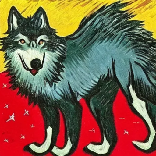 Prompt: communist wolf, retarded wolf, van gogh