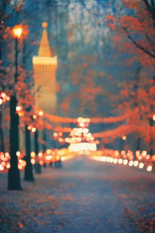 Image similar to a lomographic photo of moscow, autumn, cinestill, bokeh