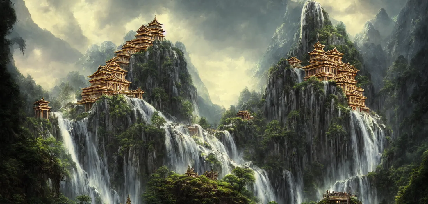Prompt: a large beautiful antique temple in the middle of the mountains, a high waterfall flows out from under the temple, cinematic view, epic sky, detailed, concept art, low angle, high detail, warm lighting, volumetric, godrays, vivid, beautiful, trending on artstation, by jordan grimmer, huge scene, grass, art greg rutkowski