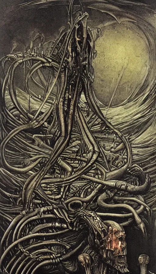 Image similar to man on boat crossing a body of water in hell with creatures in the water, sea of souls, by hr giger