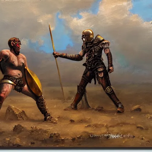 Prompt: Oil painting of an apocalyptic gladiator duel, sci-fi, wasteland