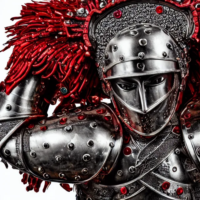 Prompt: photo of a warrior with ruby encrusted armour, highly detailed, 8 k, hdr smooth, sharp focus, high resolution, award - winning photo, dslr, 5 0 mm