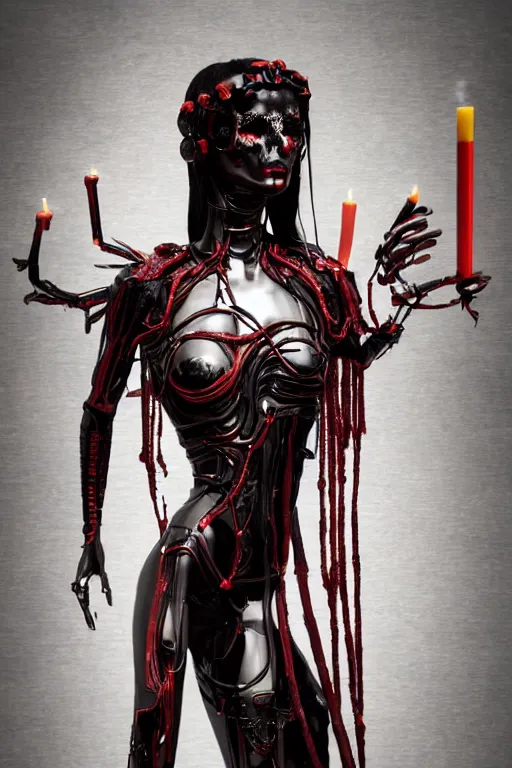 Image similar to full-body cyberpunk style sculpture of a young beautiful dark priestess, half android with a head opening exposing circuitry, glowing red eyes, black roses, flowing blood-red colored silk, fabric, candles. baroque elements, human skull, full-length view. baroque element. intricate artwork by Caravaggio. crows flying in background. Trending on artstation, octane render, cinematic lighting from the right, hyper realism, octane render, 8k, depth of field, 3D