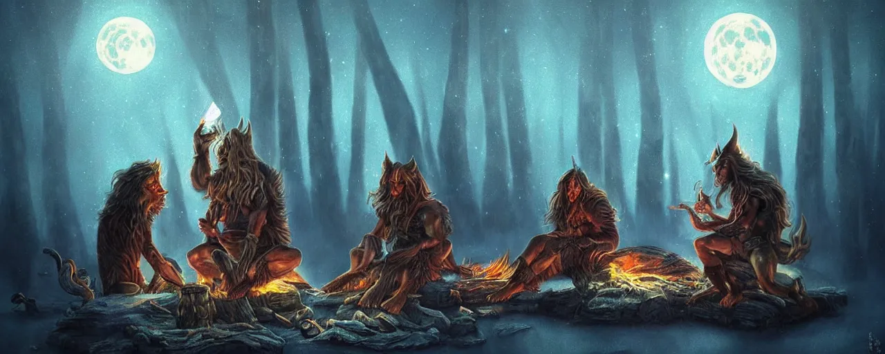 Image similar to uncanny!!! bifrost!!! mythical beasts of sitting around a fire under a full moon at bifrost, surreal dark uncanny painting by ronny khalil