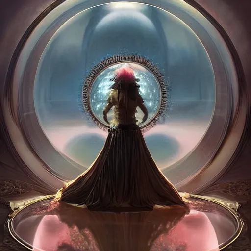 Prompt: By Tom Bagshaw, ultra realist soft painting render of a curiosities carnival scene, Beautiful Albedo anime in long curvy gothic dress watching an octane render of a floating transparent glass sphere, reflection and refraction, gods ray, symmetry accurate features, very intricate details, deep fog, dark fantasy background, artstation