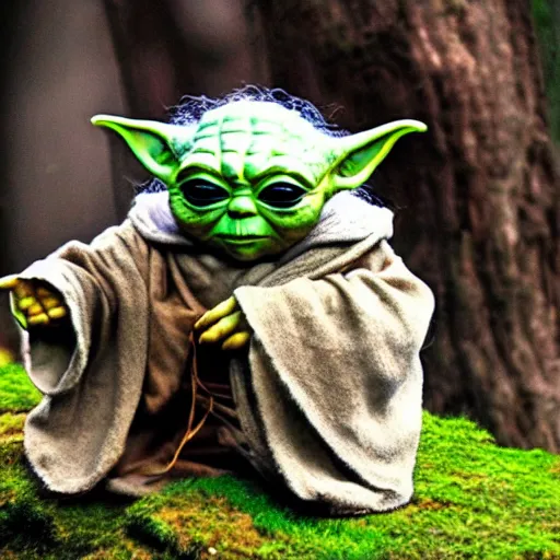 Prompt: stunning awe inspiring yoda's species interacting with eachother on their home planet, award winning nature photo