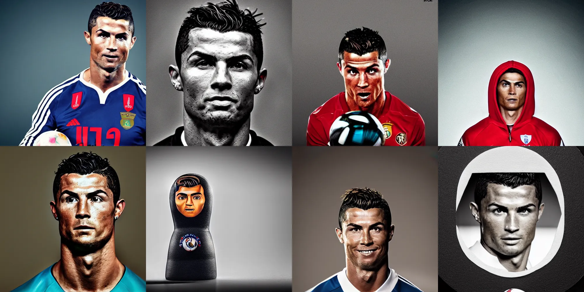 Prompt: A portrait photo of Cristiano Ronaldo teams up with a matryoshka, perfect faces, 50 mm, award winning photography