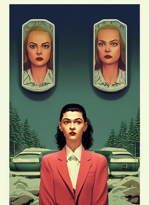 Image similar to Twin Peaks poster artwork by Michael Whelan, Bob Larkin and Tomer Hanuka, Karol Bak of portrait of Zendaya is a high school student working at the diner wearing waitress dress, from scene from Twin Peaks, simple illustration, domestic, nostalgic, from scene from Twin Peaks, clean