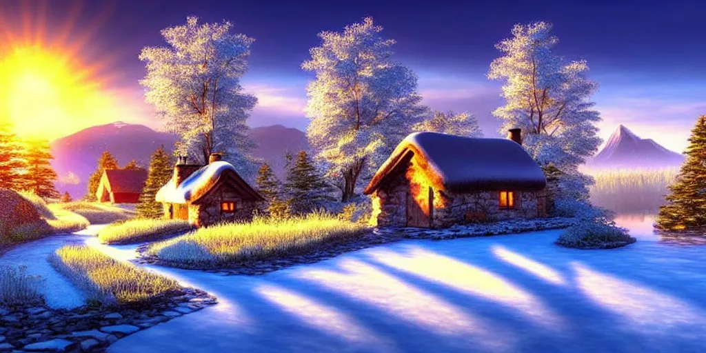 Image similar to a beautiful fantasy landscape, snowy mountain in background, little cottage, small pond, some trees in the corner, sunrise. hyper realism