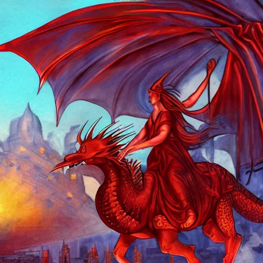 Image similar to Lady Liberty as the babylon Revelation 17 riding on the red dragon of china. illustration concept art