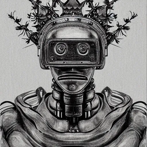 Image similar to a portrait of a robot with a crown of laurels drawing in high resolution by otto eerelman