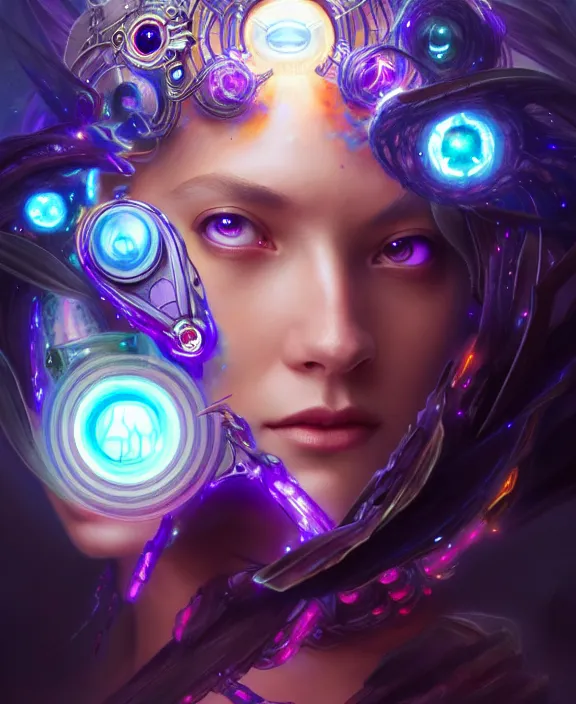 Image similar to a whirlwind of souls rushing inside the metaverse, half body, glowin eyes, tiara with sapphire, pharaoh, android, cyberpunk, d & d, fantasy, intricate, elegant, highly detailed, colorful, vivid color, digital painting, artstation, concept art, art by artgerm and greg rutkowski and alphonse mucha and ruan jia