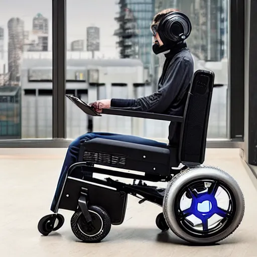 Image similar to a cyberpunk electric wheelchair equipped with a computer shelf that can be moved to work