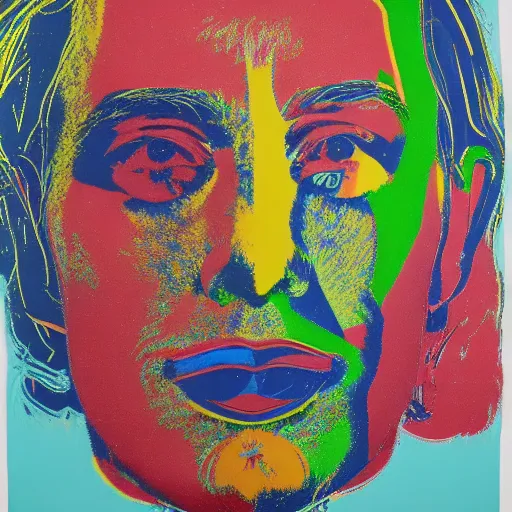 Prompt: portrait of abstract visual artificial intelligence face chromatic suit by Andy warhol and David Hockney, highly detailed