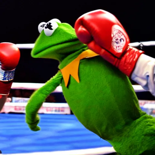 Prompt: ringside photo of a boxing match with kermit the frog
