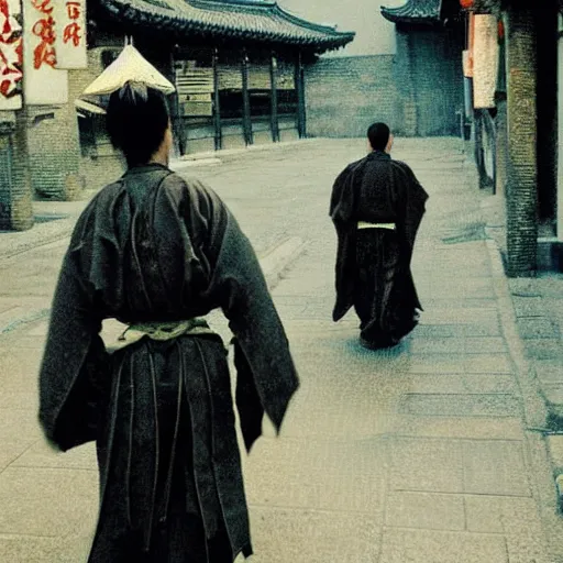 Image similar to feudal samurai, ronin, impressionist style, wandering, city, old china, walking in street, frank miller style,