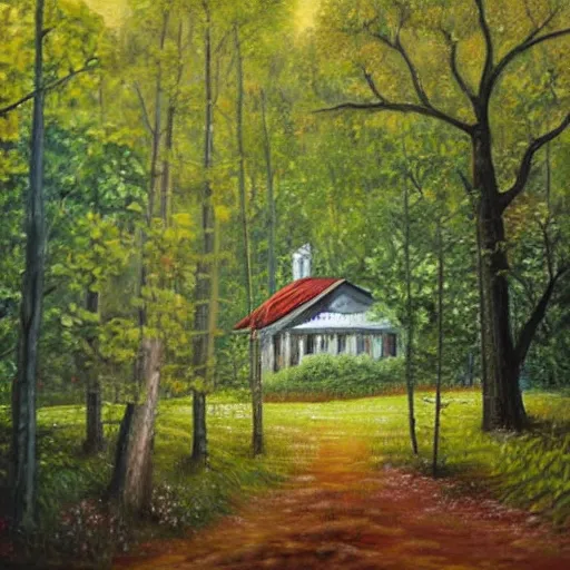 Image similar to detailed oil painting, house in forest