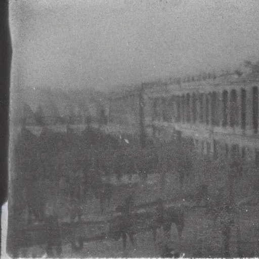 Prompt: First photograph ever taken, film grain, highly blurry, cinematic, 19th-century, old photography, dramatic