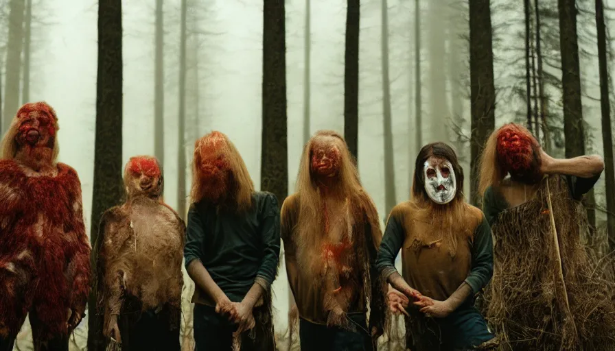 Image similar to high realistic photo portrait of esoteric tribes members with taxidermic flesh bloody mask in a foggy forest, cinestill 800t 35mm, heavy grain, high quality,