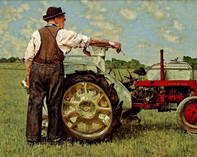 Image similar to high quality high detail painting by norman rockwell, hd, old man on tractor, muted pastel colors, photorealistic lighting