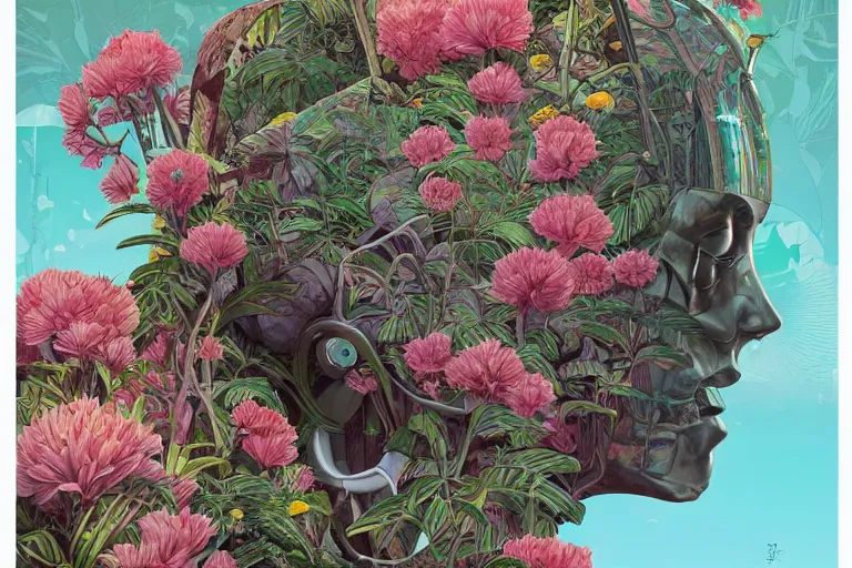 Prompt: gigantic robot head, a lot of exotic vegetation, trees, flowers by moebius, junji ito, tristan eaton, victo ngai, artgerm, rhads, ross draws, hyperrealism, intricate detailed