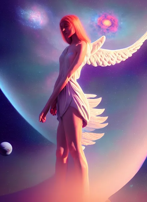 Image similar to falle angel, profile, full body, universe in the background, planets, sky, dream, highly detailed, digital painting, refreshing, trending on artstation, octane render, illustration by james jean