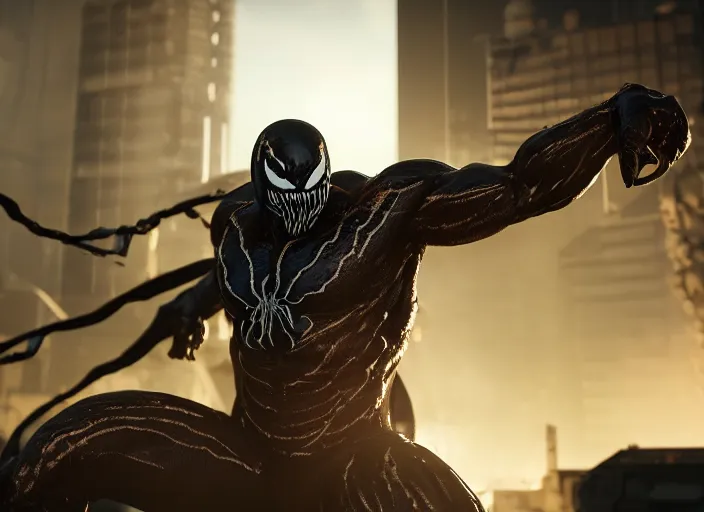 Prompt: venom fused with doomslayer, ultra realistic 4 k unreal engine very cinematic render with ray tracing bloom ambient occlusion strong reflections depth of field fog