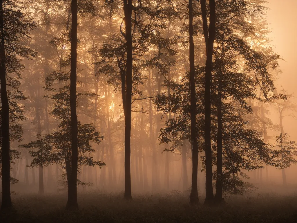 Prompt: landscape photography of foggy morning at the edge of the forest, golden hour, hyper realistic,