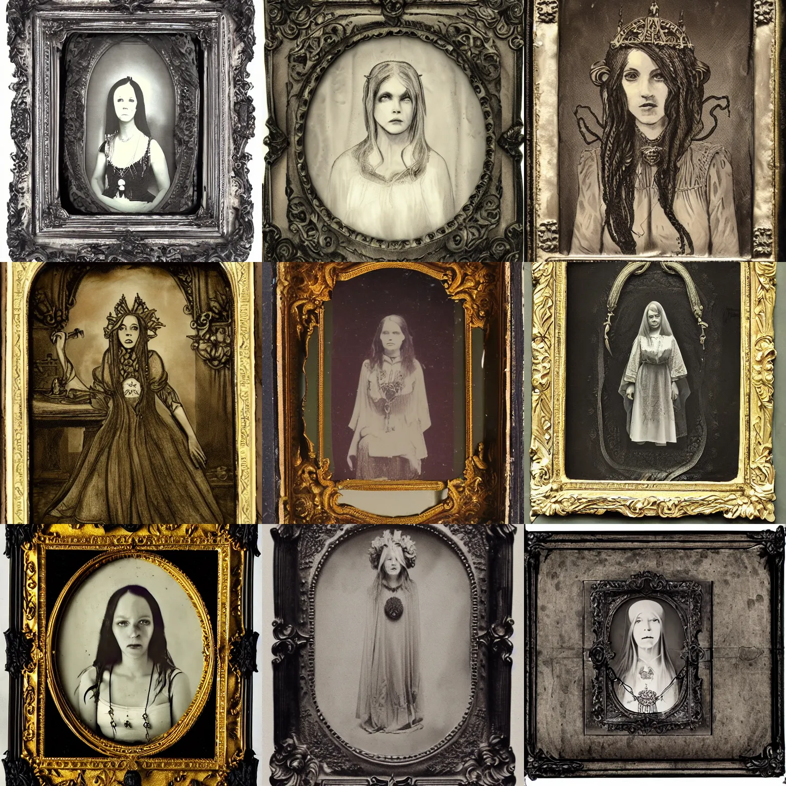Prompt: ambrotype of a cthulhu high priestess INSIDE inside a baroque frame