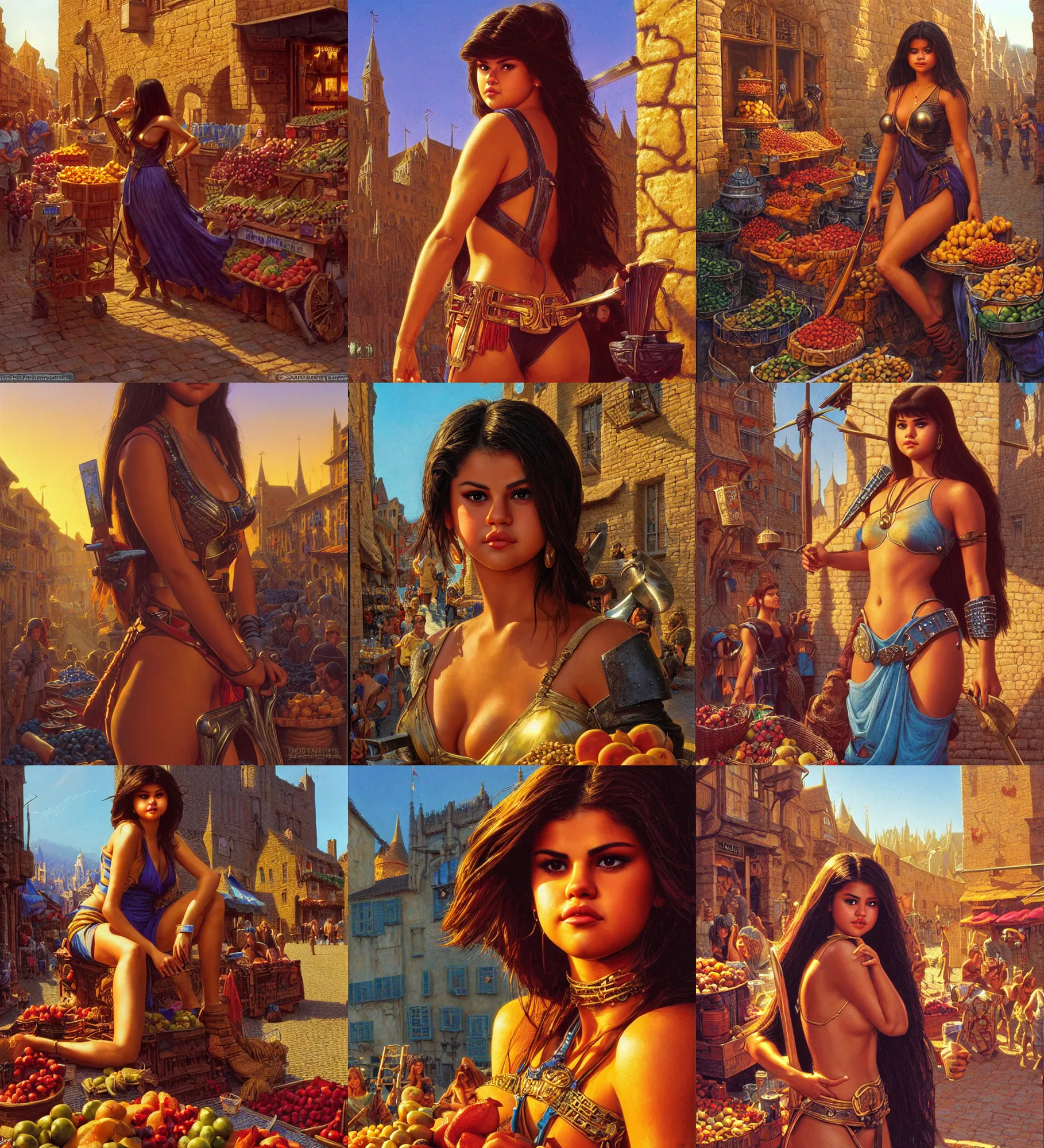 Prompt: close - up portrait of selena gomez as muscled warrior heroine chilling in a cobbled medieval shopping street, colored fruit stand, golden hour sun - rays, epic composition, 2 0 0 mm focal length, donato giancola, tim hildebrandt, wayne barlow, bruce pennington, larry elmore